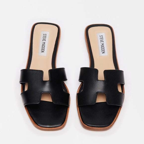 Steve Madden HADYN COGNAC LEATHER Black Slide Sandals - Picture 1 of 5